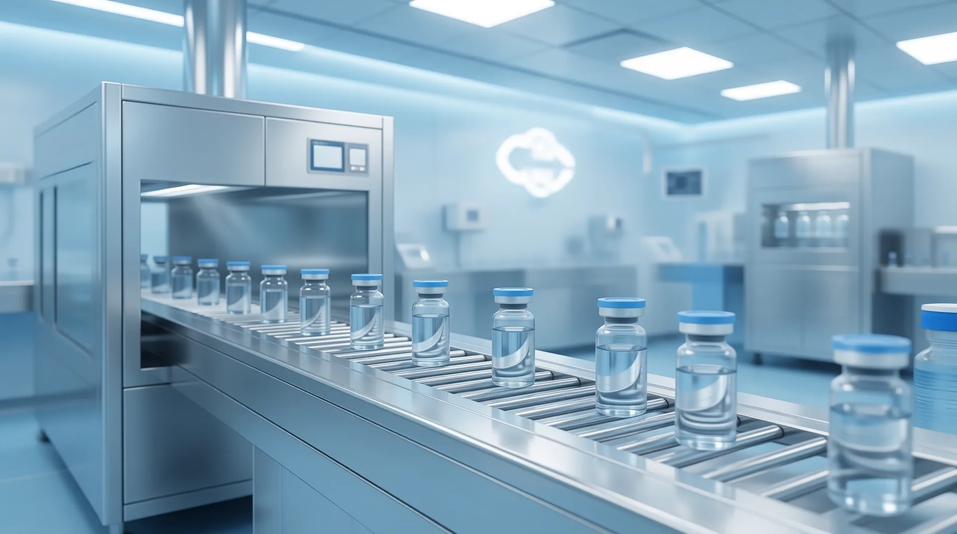 EU-GMP pharmaceutical production line with vials on conveyor